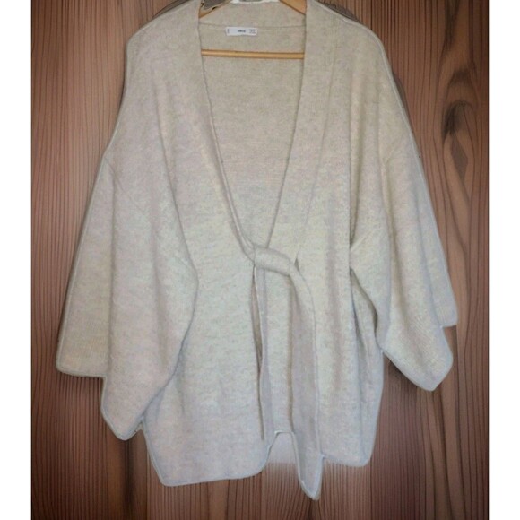 MANGO Oversized Beige Cardigan Sweater M/L Tie-Front Relaxed Boho Knit Cotton - Picture 2 of 5